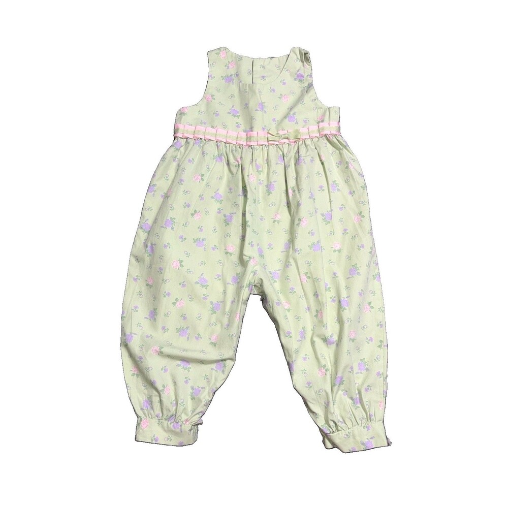 Hartstrings Girls 2T Sage Green Floral Cotton Sleeveless Longall Romper Bow Trim